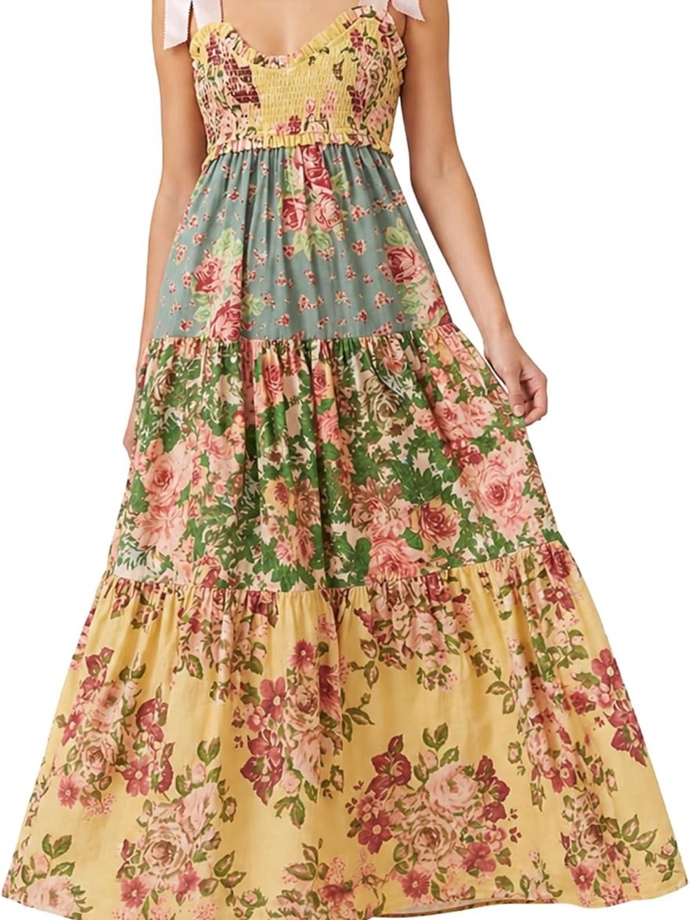 Floral Maxi Dress for Women Tie Shoulder Patchwork Smocked Boho Flowy Dress